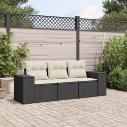 3-tlg. Garten-Sofagarnitur mit Kissen Schwarz Poly Rattan