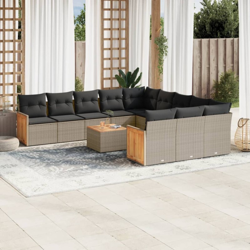 12-tlg. Garten-Sofagarnitur mit Kissen Grau Poly Rattan