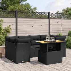 7-tlg. Garten-Sofagarnitur mit Kissen Schwarz Poly Rattan