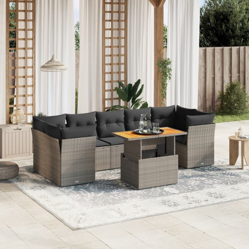 8-tlg. Garten-Sofagarnitur mit Kissen Grau Poly Rattan