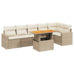 7-tlg. Garten-Sofagarnitur mit Kissen Beige Poly Rattan