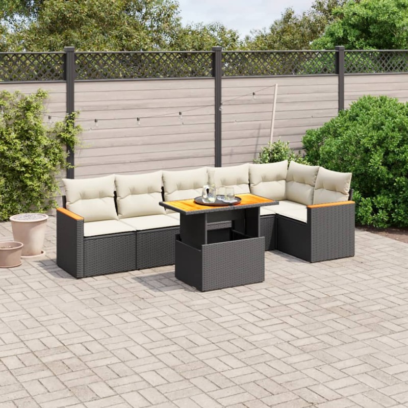 7-tlg. Garten-Sofagarnitur mit Kissen Schwarz Poly Rattan