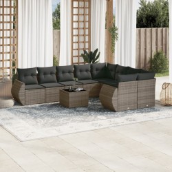 10-tlg. Garten-Sofagarnitur mit Kissen Grau Poly Rattan