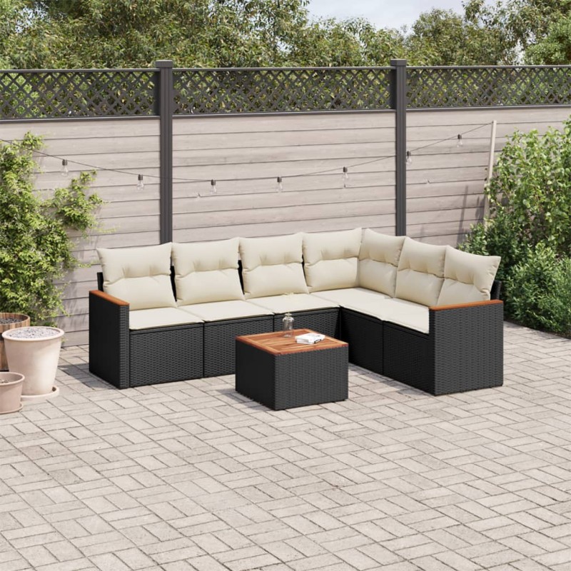 7-tlg. Garten-Sofagarnitur mit Kissen Schwarz Poly Rattan