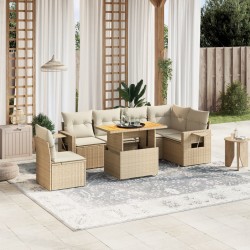 7-tlg. Garten-Sofagarnitur mit Kissen Beige Poly Rattan