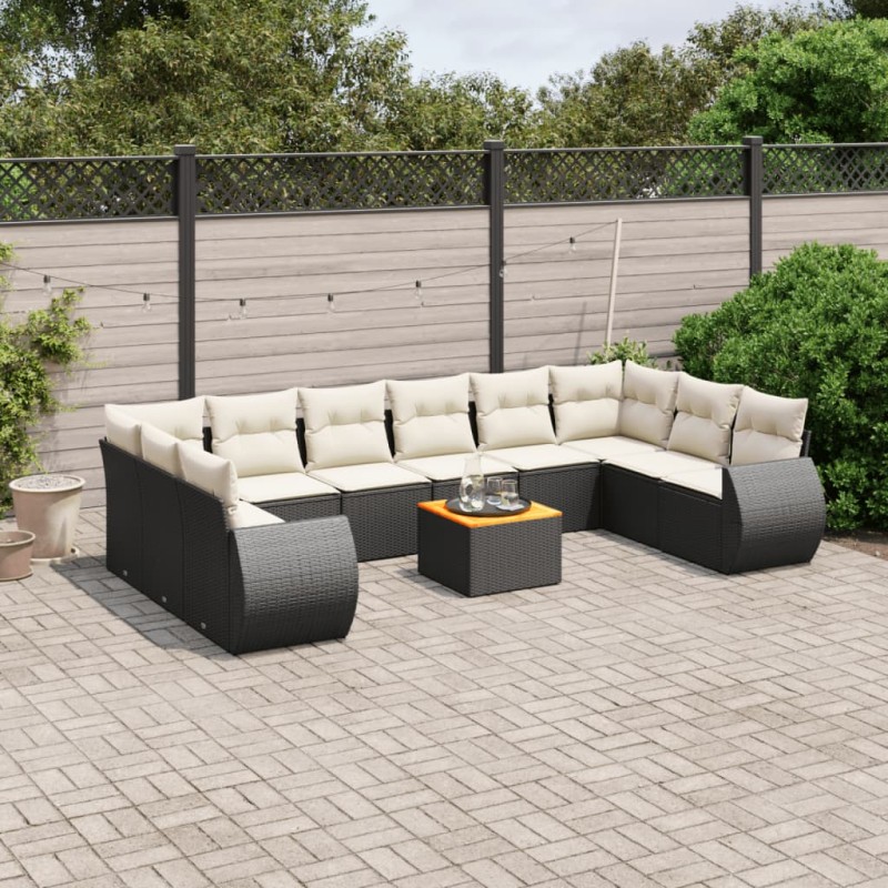 11-tlg. Garten-Sofagarnitur mit Kissen Schwarz Poly Rattan