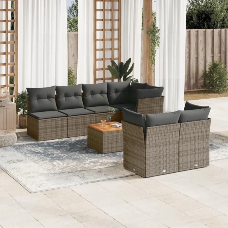 8-tlg. Garten-Sofagarnitur mit Kissen Grau Poly Rattan