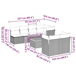 8-tlg. Garten-Sofagarnitur mit Kissen Grau Poly Rattan