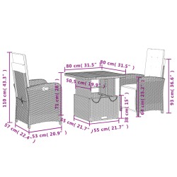 3-tlg. Garten-Essgruppe mit Kissen Grau Poly Rattan