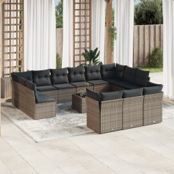 14-tlg. Garten-Sofagarnitur mit Kissen Grau Poly Rattan