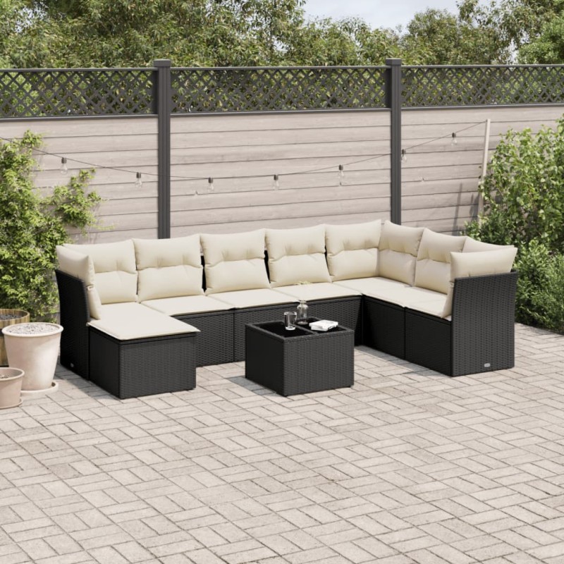 9-tlg. Garten-Sofagarnitur mit Kissen Schwarz Poly Rattan