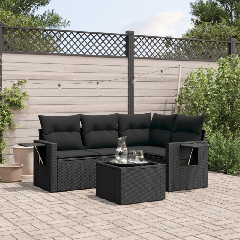 5-tlg. Garten-Sofagarnitur mit Kissen Schwarz Poly Rattan