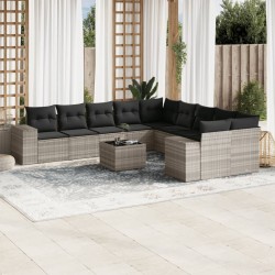 11-tlg. Garten-Sofagarnitur mit Kissen Hellgrau Poly Rattan