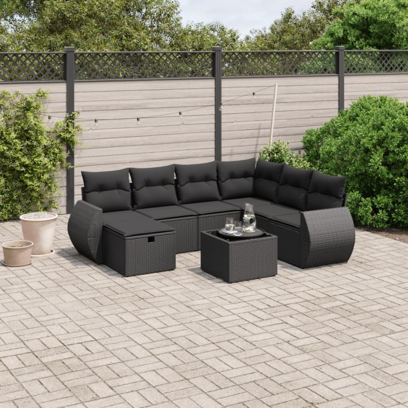 8-tlg. Garten-Sofagarnitur mit Kissen Schwarz Poly Rattan