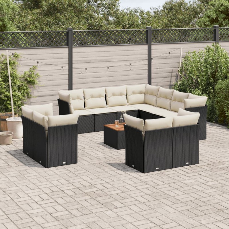 12-tlg. Garten-Sofagarnitur mit Kissen Schwarz Poly Rattan