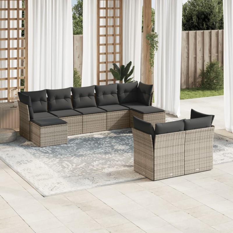 9-tlg. Garten-Sofagarnitur mit Kissen Grau Poly Rattan