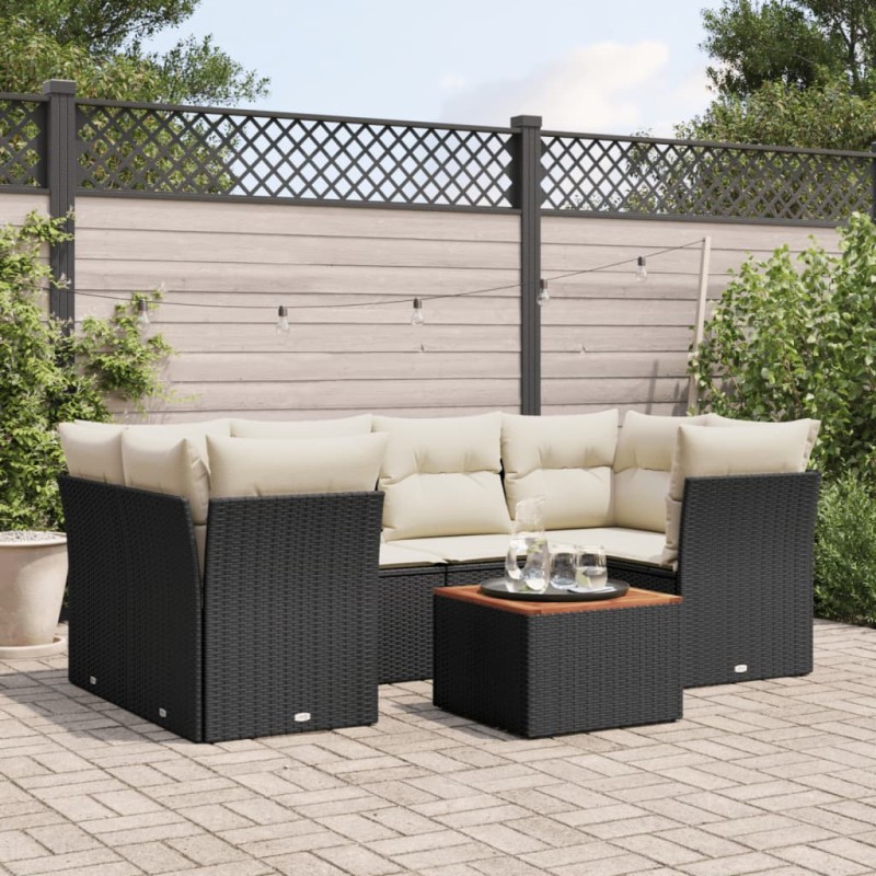 7-tlg. Garten-Sofagarnitur mit Kissen Schwarz Poly Rattan