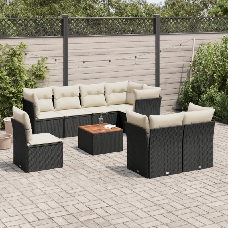 9-tlg. Garten-Sofagarnitur mit Kissen Schwarz Poly Rattan