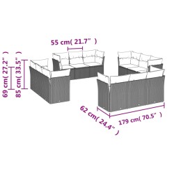 12-tlg. Garten-Sofagarnitur mit Kissen Grau Poly Rattan