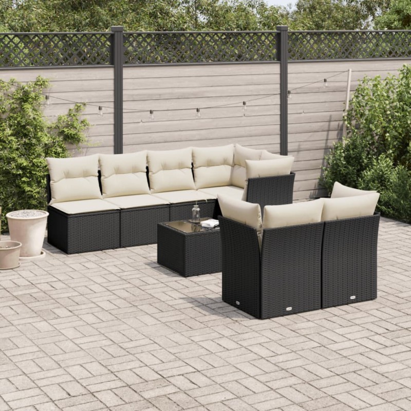 8-tlg. Garten-Sofagarnitur mit Kissen Schwarz Poly Rattan