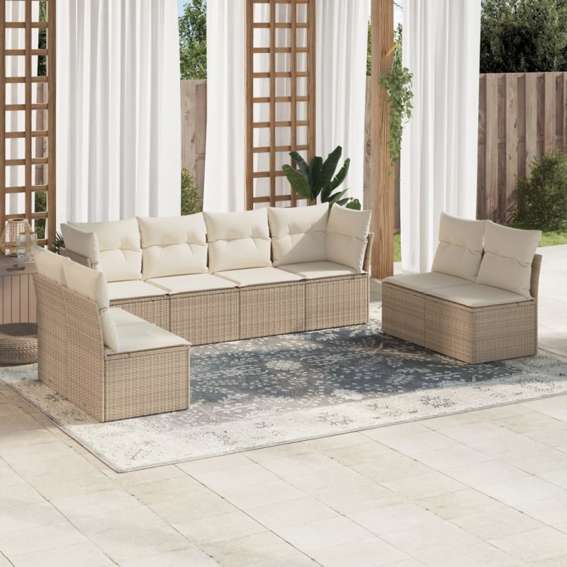 8-tlg. Garten-Sofagarnitur mit Kissen Beige Poly Rattan