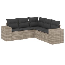 5-tlg. Garten-Sofagarnitur mit Kissen Hellgrau Poly Rattan