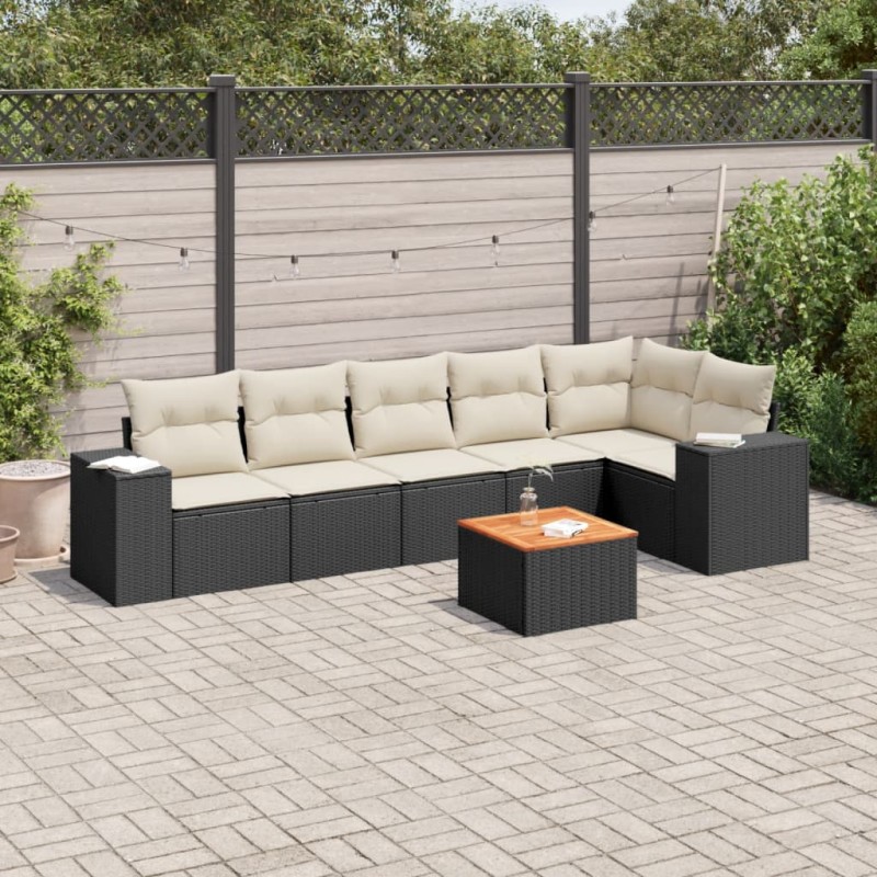 7-tlg. Garten-Sofagarnitur mit Kissen Schwarz Poly Rattan