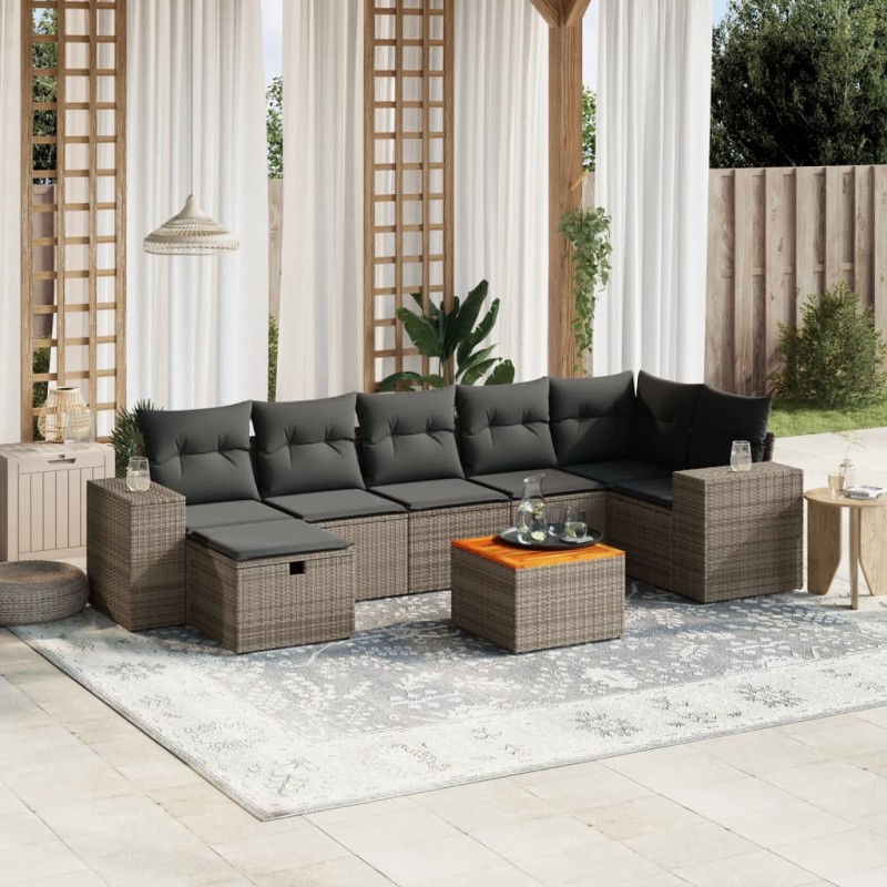 8-tlg. Garten-Sofagarnitur mit Kissen Grau Poly Rattan