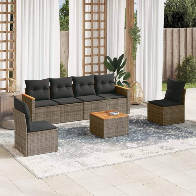 7-tlg. Garten-Sofagarnitur mit Kissen Grau Poly Rattan