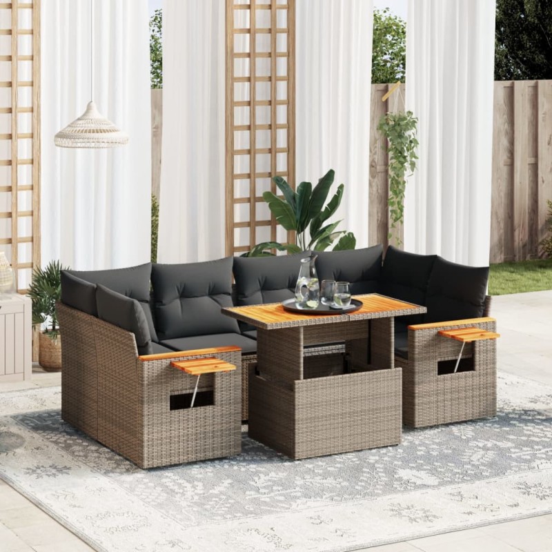 7-tlg. Garten-Sofagarnitur mit Kissen Grau Poly Rattan