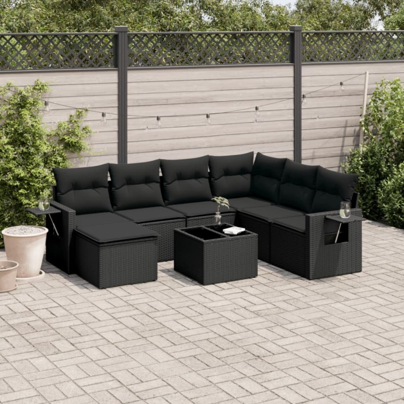 8-tlg. Garten-Sofagarnitur mit Kissen Schwarz Poly Rattan