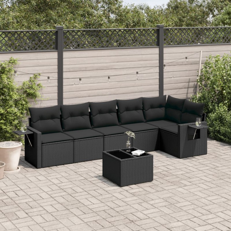 7-tlg. Garten-Sofagarnitur mit Kissen Schwarz Poly Rattan