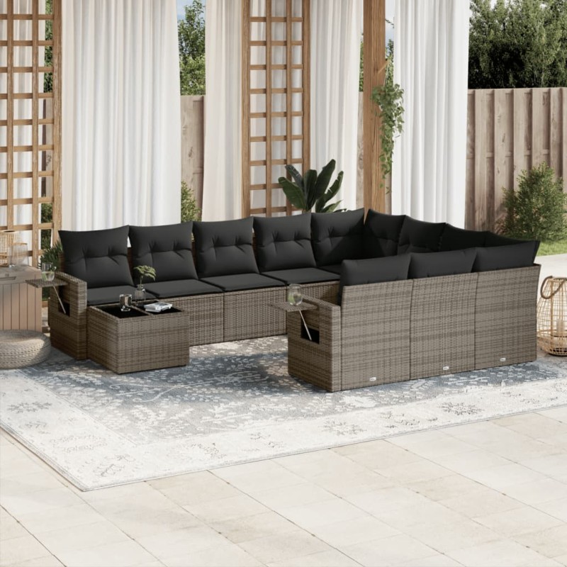 11-tlg. Garten-Sofagarnitur mit Kissen Grau Poly Rattan