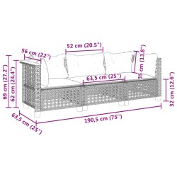 Gartensofa mit Kissen 3-Sitzer Schwarz Poly Rattan