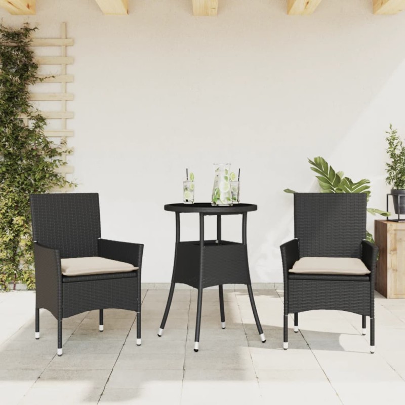 3-tlg. Garten-Essgruppe mit Kissen Schwarz Poly Rattan Glas