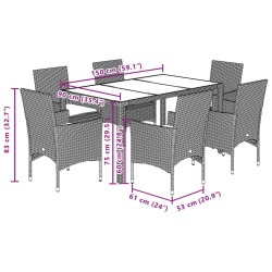 7-tlg. Garten-Essgruppe mit Kissen Grau Poly Rattan und Glas