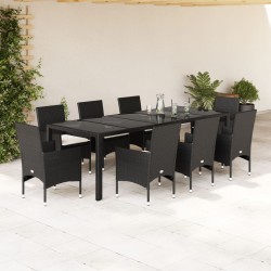 9-tlg. Garten-Essgruppe mit Kissen Schwarz Poly Rattan und Glas