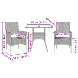 3-tlg. Garten-Essgruppe mit Kissen Schwarz Poly Rattan Glas