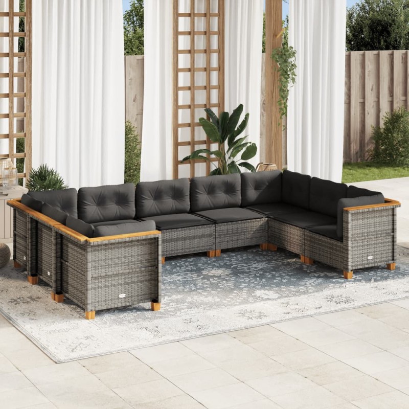 9-tlg. Garten-Sofagarnitur mit Kissen Grau Poly Rattan