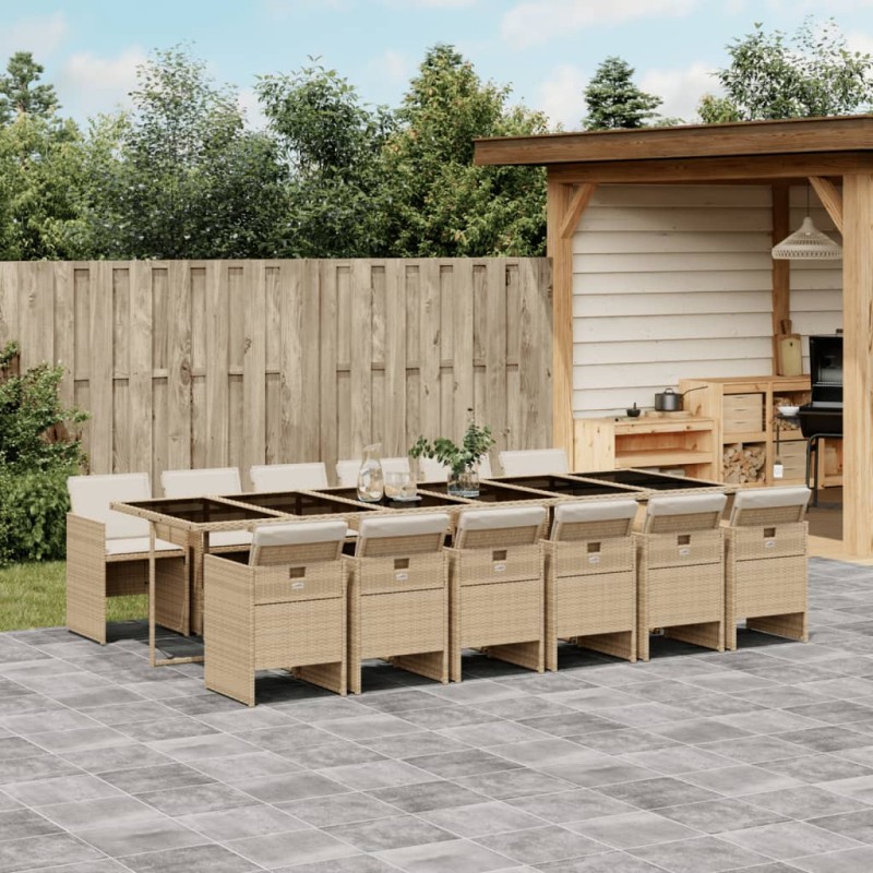 13-tlg. Garten-Essgruppe mit Kissen Beige Poly Rattan