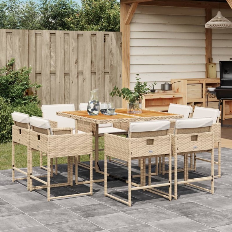 9-tlg. Garten-Essgruppe mit Kissen Beige Poly Rattan