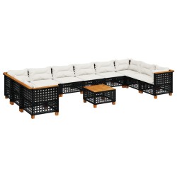 11-tlg. Garten-Sofagarnitur mit Kissen Schwarz Poly Rattan