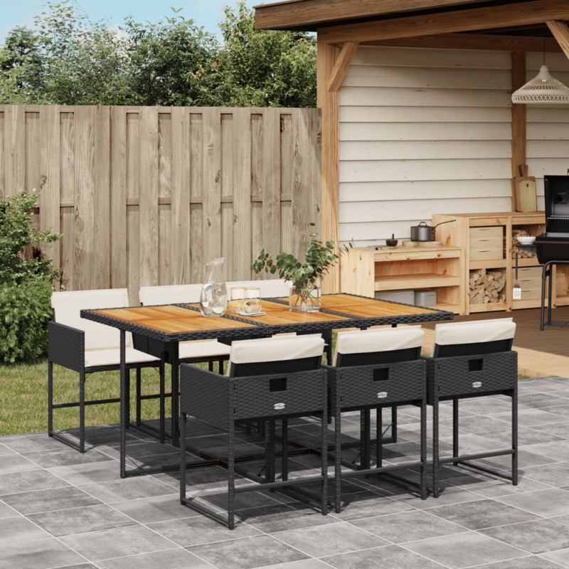 7-tlg. Garten-Essgruppe mit Kissen Schwarz Poly Rattan