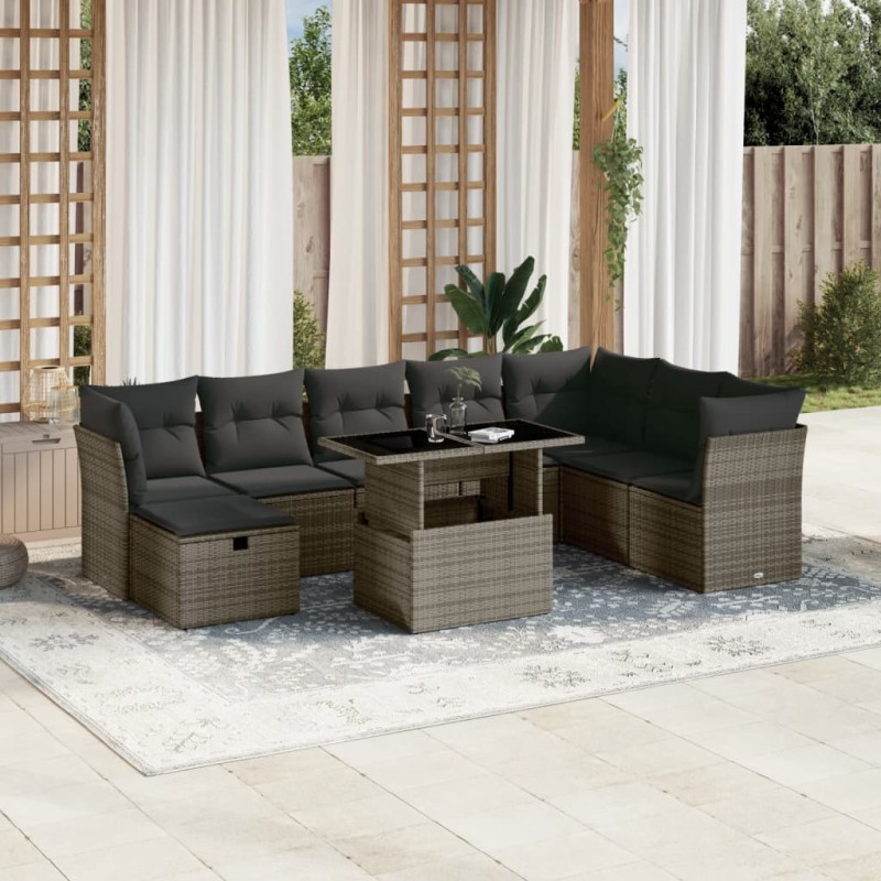 9-tlg. Garten-Sofagarnitur mit Kissen Grau Poly Rattan