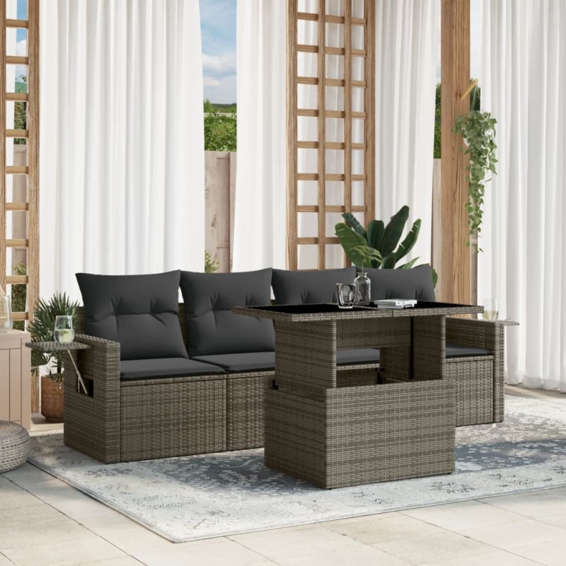 5-tlg. Garten-Sofagarnitur mit Kissen Grau Poly Rattan