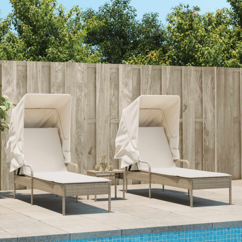 Sonnenliegen 2 Stk. mit Dach und Tisch Beige Poly Rattan