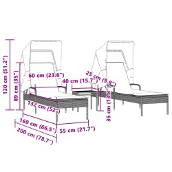 Sonnenliegen 2 Stk. mit Dach und Tisch Beige Poly Rattan