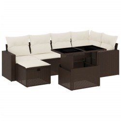 7-tlg. Garten-Sofagarnitur mit Kissen Braun Poly Rattan