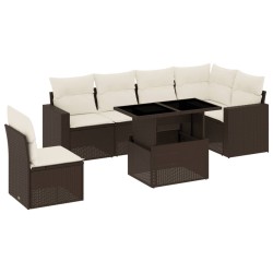 7-tlg. Garten-Sofagarnitur mit Kissen Braun Poly Rattan