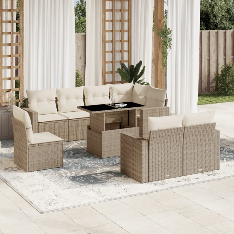 9-tlg. Garten-Sofagarnitur mit Kissen Beige Poly Rattan